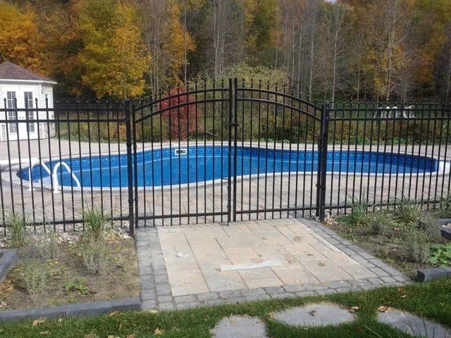 an outdoor swimming pool enclosed by a black metal fence with autumn trees in the background, pool fence