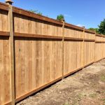 A tall cedar privacy fence runs along a backyard, bordered by grass and a shed, with clear blue sky and trees in the background.