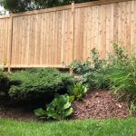A cedar wooden fence alongside a landscaped garden bed with a variety of shrubs and plants, mulched with wood chips.