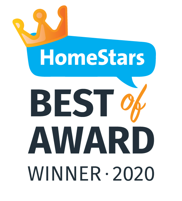 an award badge from homestars for the "best of award winner 2020" featuring a blue speech bubble with a crown.