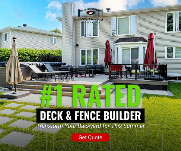 Advertisement of a backyard deck and fence, highlighting the "#1 Rated Deck & Fence Builder" with a modern patio setup, green lawn, and a "Get Quote" button. Let our expert deck & fence builder bring your outdoor vision to life.