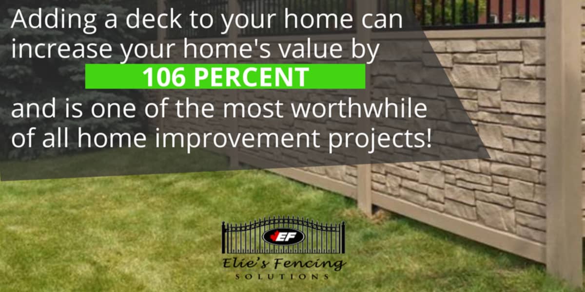 An advertisement showing a house with a new deck, highlighting that adding a deck can increase a home's value by 106 percent, touting it as a worthwhile home improvement project, with the logo for.