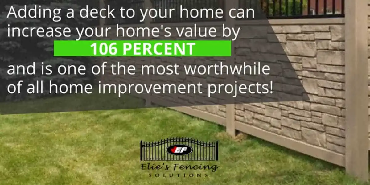 An advertisement showing a house with a new deck, highlighting that adding a deck can increase a home's value by 106 percent, touting it as a worthwhile home improvement project, with the logo for.