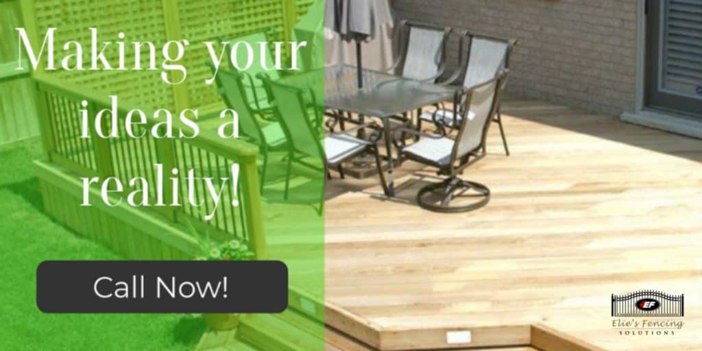 A wooden deck with patio furniture is shown alongside text promoting fencing solutions by trusted deck builders Ottawa and a "Call Now!" button.