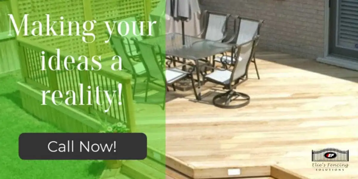 A promotional image showing a neatly constructed wooden deck with green fence and outdoor furniture, advertising a fencing solution company with a call to action.