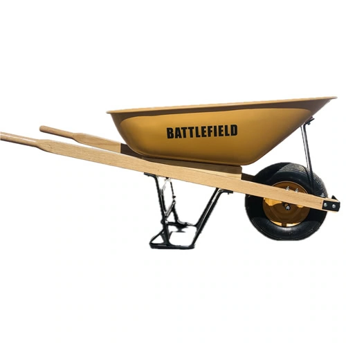 image of a yellow wheelbarrow with wooden handles and a single black tire, labeled "battlefield." this versatile piece of lawn & landscape equipment offers durability and style, perfect for all your outdoor projects.