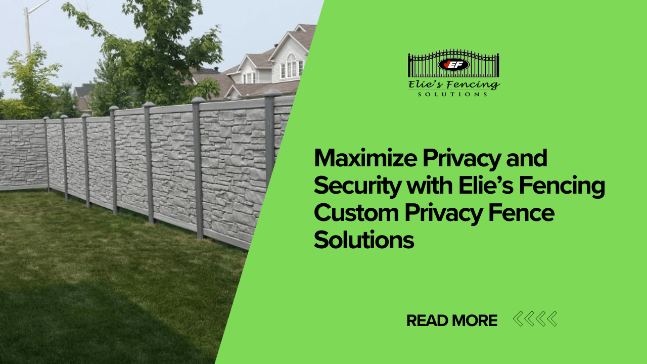 A gray stone-patterned privacy fence borders a green lawn; to the right, promotional text for Elie’s Fencing Solutions showcases expert fencing solutions on a vibrant green background.