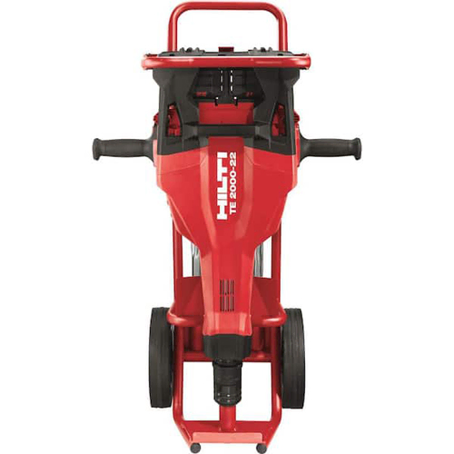 a red and black hilti te 2000-22 demolition hammer on wheels, viewed from the front, showcases its robust power ideal for heavy-duty lawn & landscape equipment tasks.