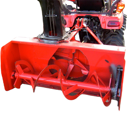a red snow blower attachment connected to the rear of a tractor, featuring an auger and chute for dispersing snow, ideal for lawn & landscape equipment needs.