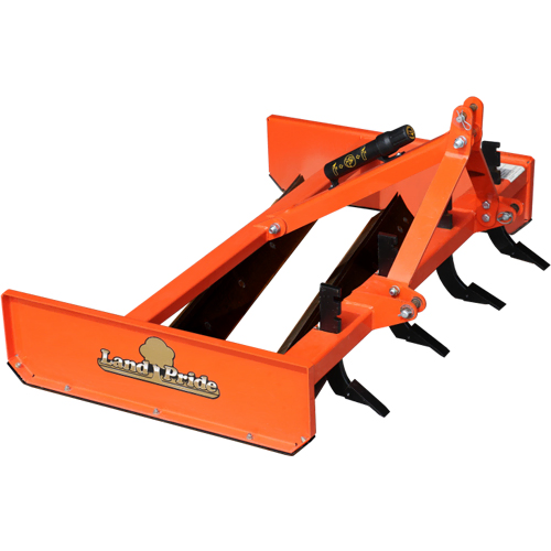 the land pride gs05 box scraper, in bright orange, features adjustable shanks for efficient landscaping and grading of soil surfaces.