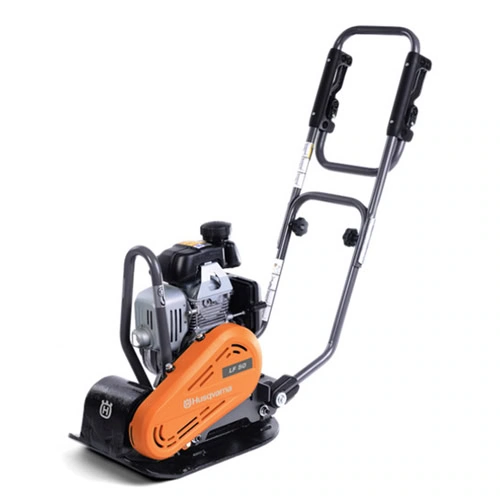 a plate compactor with a sturdy metal frame, an orange protective cover over the engine, and black handles with controls, perfect for your lawn & landscape equipment needs.