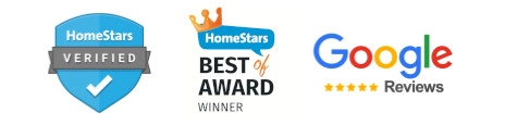 three logos are shown: homestars verified, homestars best of award winner, and google reviews with five stars for their outstanding pvc deck services.
