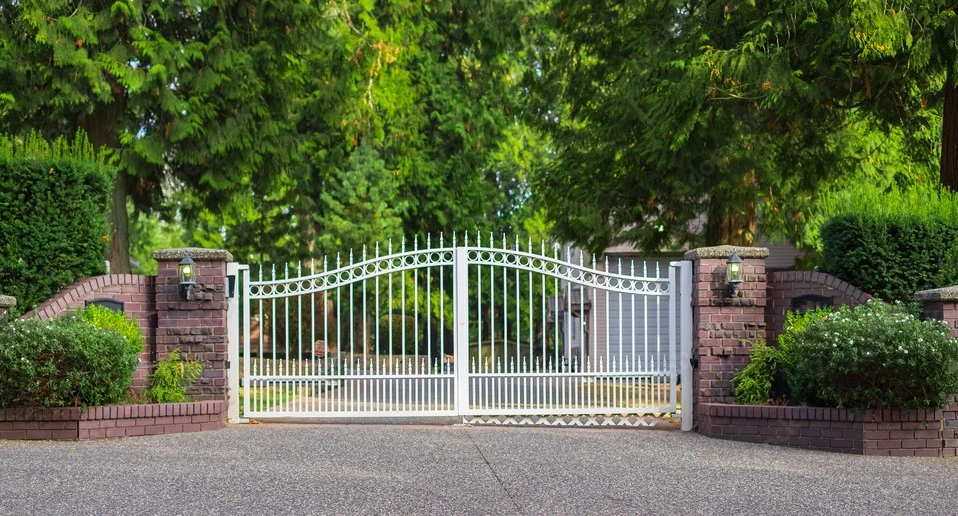 a white, ornate metal gate with brick pillars on either side serves as elegant driveway gates, surrounded by lush green trees and bushes.