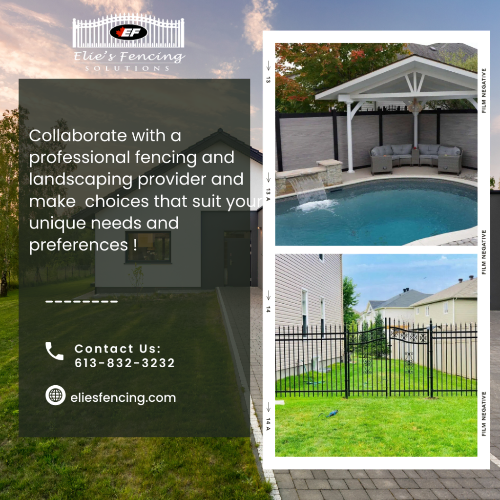 promotional image for elie's fencing solutions showcasing a backyard with a pool, seating area, and a well-maintained lawn, all beautifully enclosed by expertly installed black metal fencing. includes contact info and website.