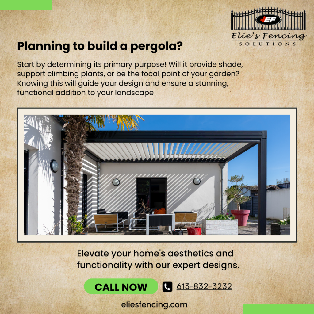 a backyard pergola with a modern design, white walls, and stylish outdoor furniture. text overlay promotes custom pergola planning with contact information for elie's fencing solutions.