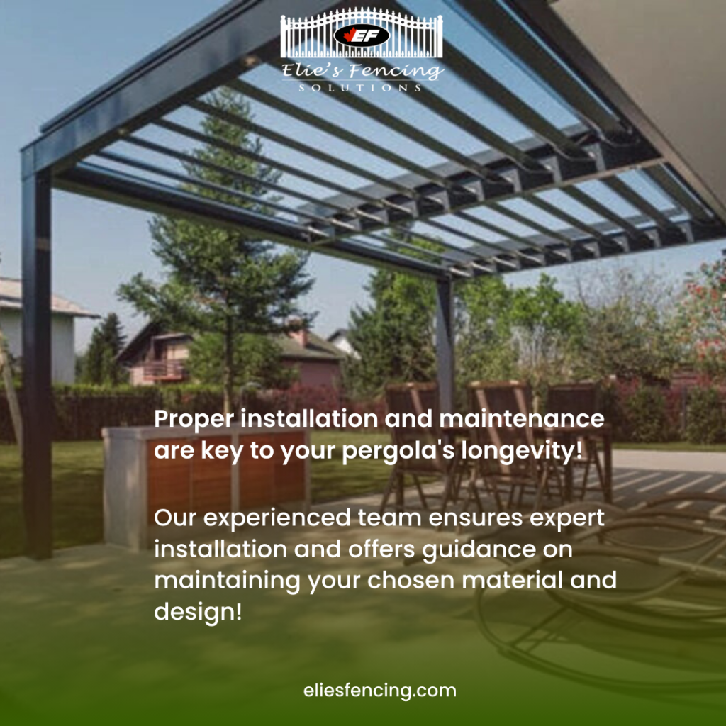 Custom pergolas expertly crafted against a backdrop of blue skies, paired with text emphasizing professional installation and maintenance services for enduring beauty and design excellence.