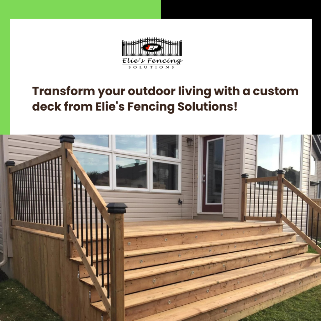 Transform your outdoor living with a custom composite deck from Elie's Fencing Solutions in Ottawa! Our premium decks, featuring elegant railings, are designed to seamlessly lead to your home, creating the perfect space for relaxation and entertainment.