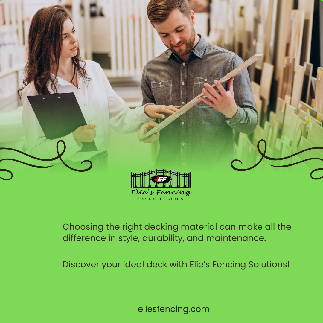 two people in a store discuss decking materials, with one holding a clipboard and the other a sample. text reads: "discover your ideal composite deck in ottawa with elie's fencing solutions.