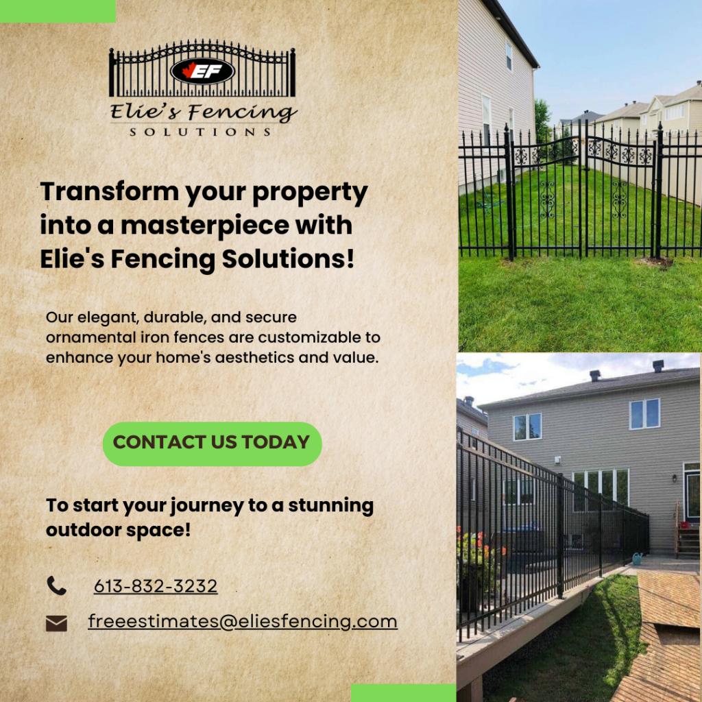 promotional flyer for elie's fencing solutions, your trusted fence contractor. showcasing exquisite ornamental iron fences, our flyer includes stunning images of installed works and essential contact information.