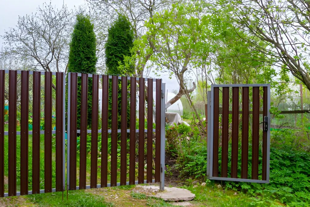 a garden with an open gate made of vertical wooden slats, encircled by lush greenery and trees, featuring custom garden fences.