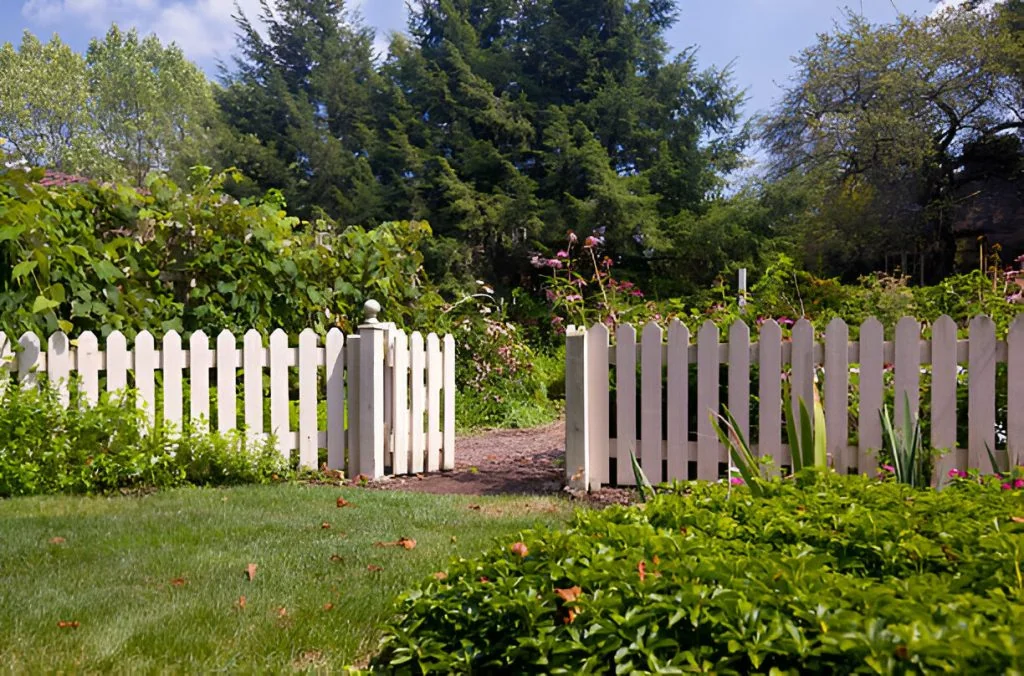 white picket fence with an open gate, surrounded by lush green plants; a pathway leads into a garden area with trees in the background. explore custom garden fences that blend perfectly into this serene setting.