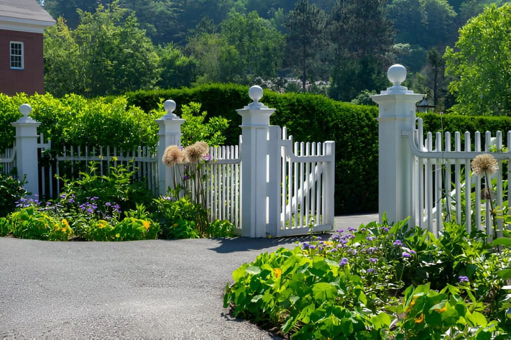 a wooden custom garden fence frames the scene, with a white picket gate partly open amidst vibrant green foliage and purple flowers. a red building is visible to the left, while trees and shrubs fill the background.