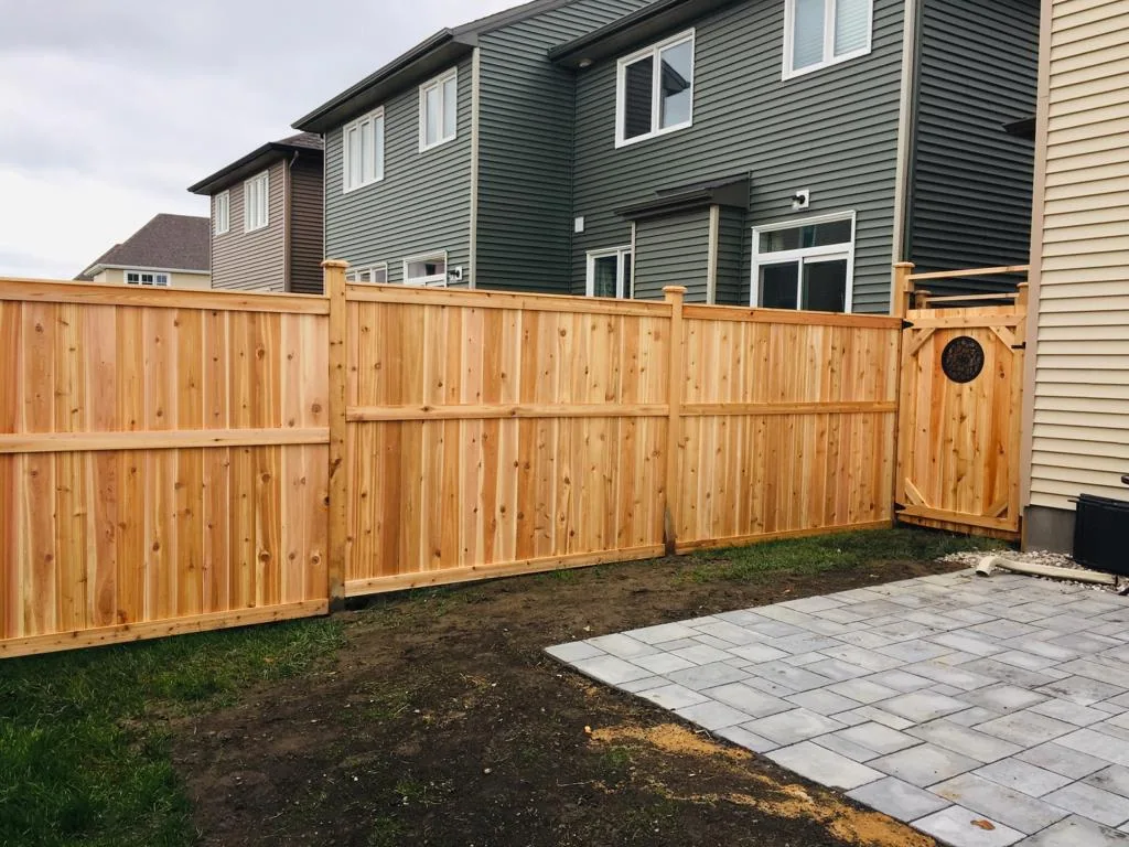 a wooden fence by expert fencing solutions features a decorative gate that encloses a small backyard with a partially paved area made of grey stones. two neighboring houses are visible in the background.