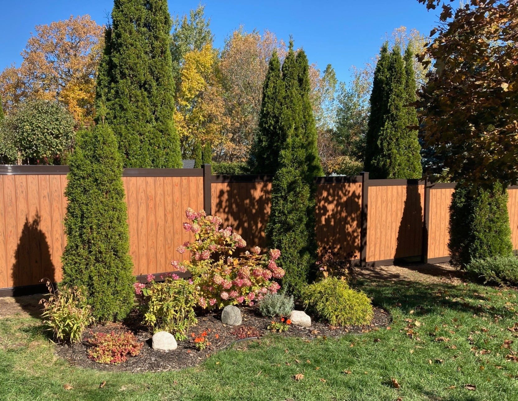 A garden with various plants and trees is bordered by a tall, wooden fence with black trim, showcasing expert fence installation. The lawn is green and the sky is clear and blue.