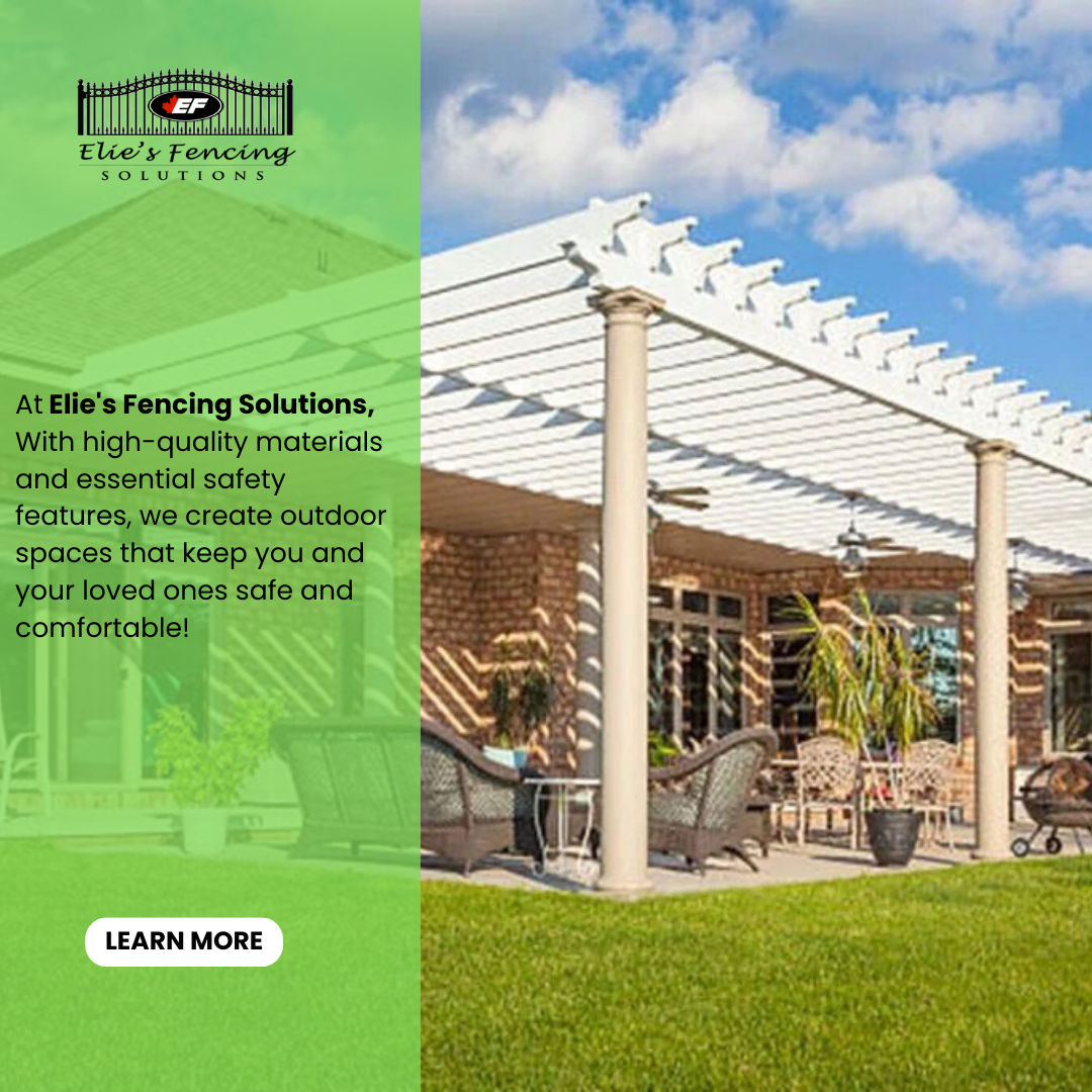 outdoor patio with a pergola and custom decks, featuring furniture beside a brick house. text about eli's fencing solutions highlights quality materials and safety features. button reads "learn more.