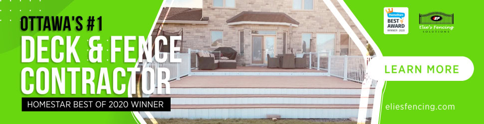 Ad for Ottawa's premier deck and fence contractor, featuring a large deck with stylish fencing in front of a house. The text highlights awards and invites you to explore more. Find our company logo and website link on the right.