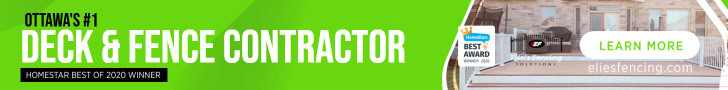 Banner ad for Ottawa's top-rated deck and fence contractor, winner of the 2020 Homestars Best Award. Our fences are designed to withstand harsh Ottawa winters. Includes a "Learn More" button and an image of a deck and fence.