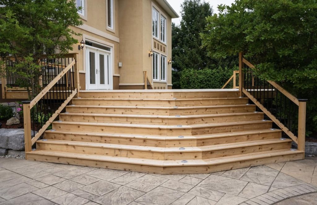 A wide wooden staircase leads to double glass doors of a beige house, flanked by black metal railings and surrounded by lush greenery. The inviting scene is complemented by beautifully crafted decks and fences that enhance its charm.