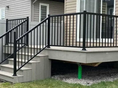 a gray composite decking with a black metal railing, connected to a house with beige siding. the deck features a set of stairs leading to a grassy area below.